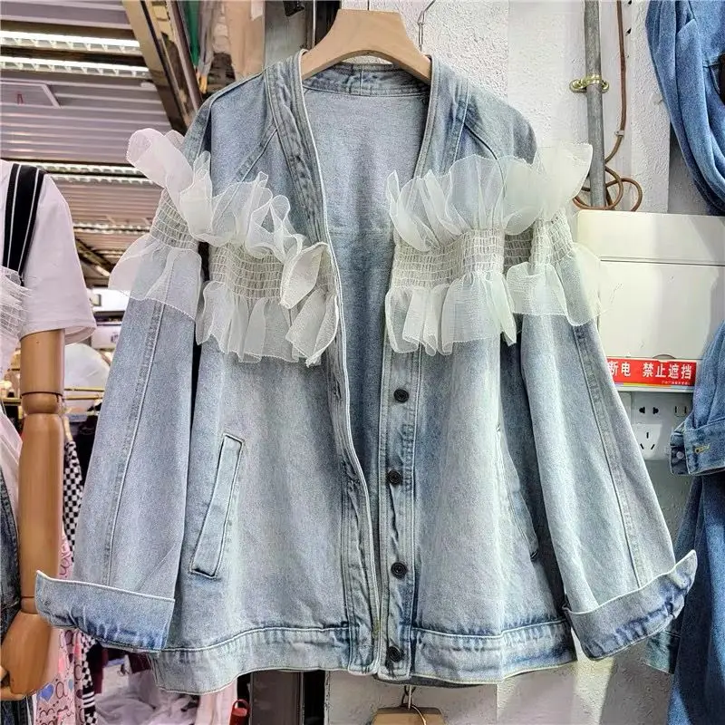 

Women Denim Coat Fashion Mesh Ruffles Stitched Jean Jacket Loose Casual Long Female Denim Tops Spring Autumn 2022 New
