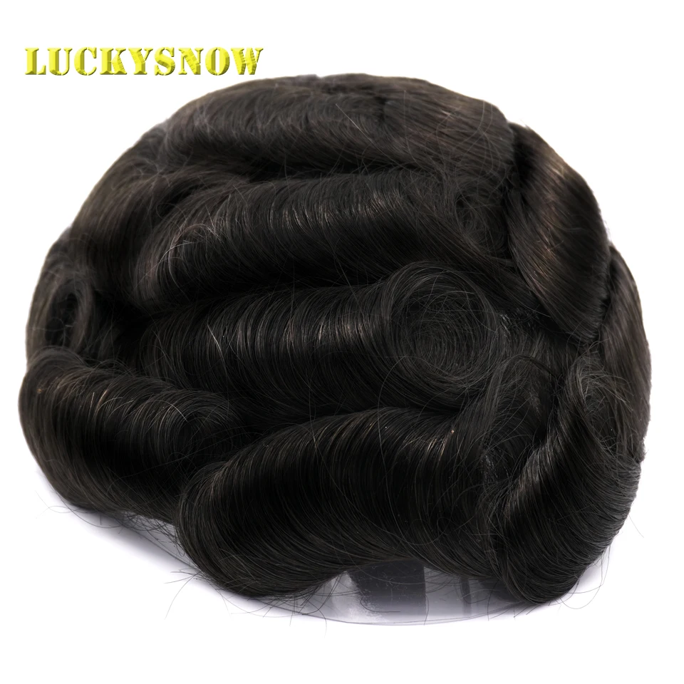 Luckysnow Men's Wig Full Pu Durable Men Toupee Natural Hairpieces Hair Replacement System Human Hair Remy Hair Toupee 1B#Color
