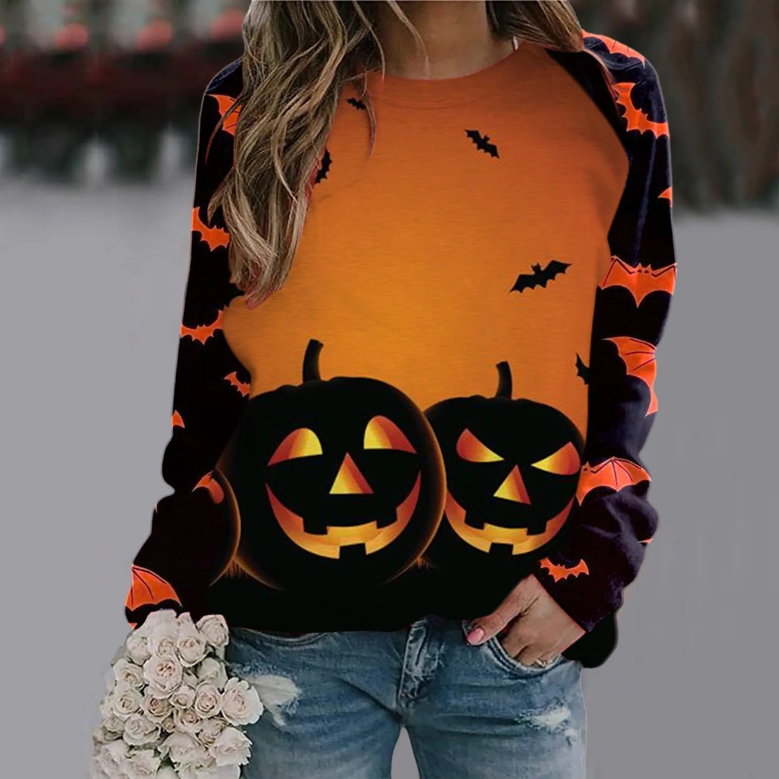 

Womens Halloween Pumpkin Face Long Sleeve Sweatshirt Lightweight Teen Tops School Womens Zip Front Tops Womens Button Hoodie