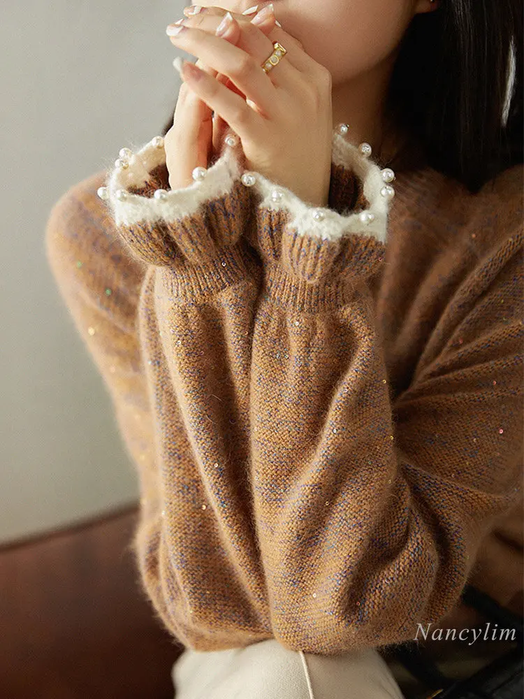 

2023 Spring New Popular Wool Blends Sweater for Women Fashion Beaded Sequins Exquisite Sweaters Ladies Pull Flare Sleeve