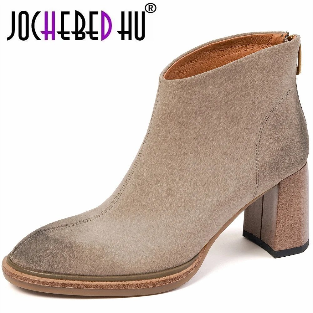 

【JOCHEBED HU】Genuine Leather Chunky Heel Shoes Winter Slip-on Short Modern Boots High Heel Boots Retro Women Shoes 33-40