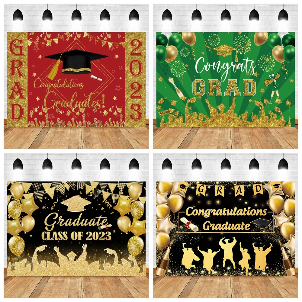 

Graduation 2023 Backdrop for Photography Gold Glitter Balloon Bachelor Caps Class of 2023 Congrats Grad Party Background Banner