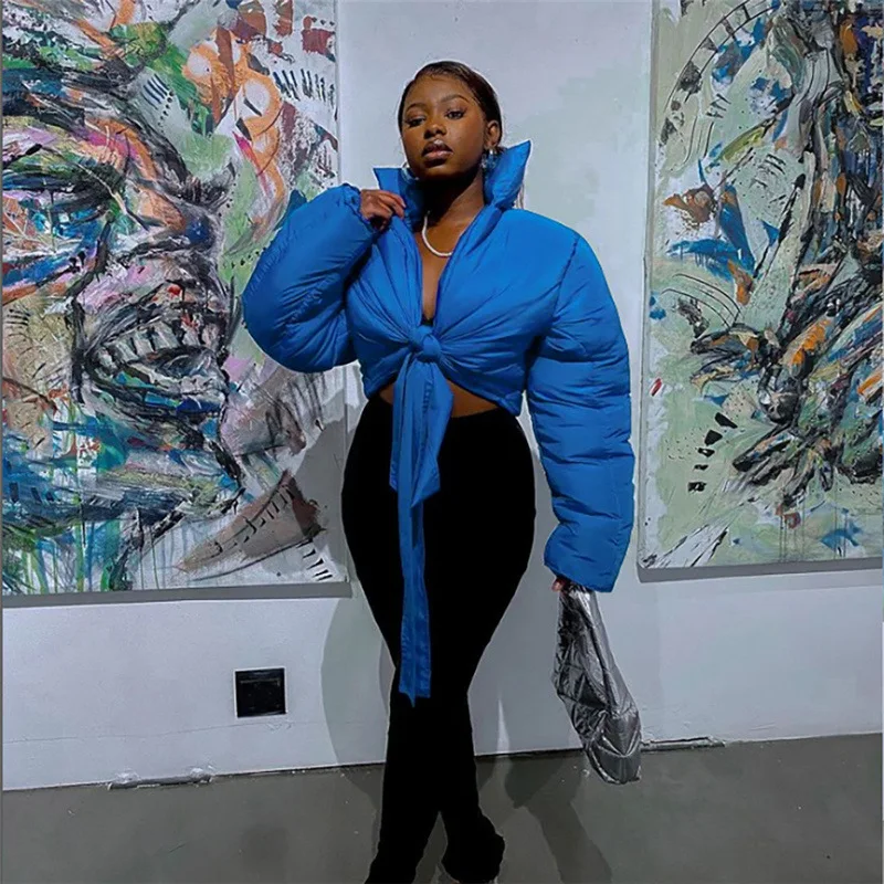 Wishyear 2023 Fashion Winter Clothes Outerwear Tie Up Crop Puffer Jacket Women Blue Black Bubble Coat Street Style Dropshipping
