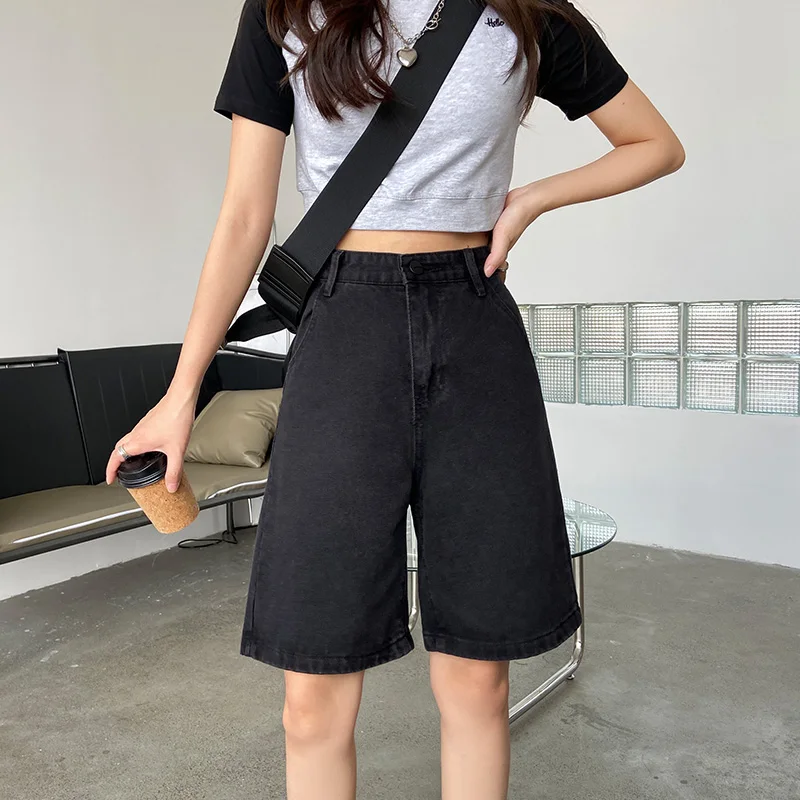 New Summer Women High Waist Wide Leg Black Denim Shorts Casual Female Loose Straight Button Jeans Bermuda Shorts