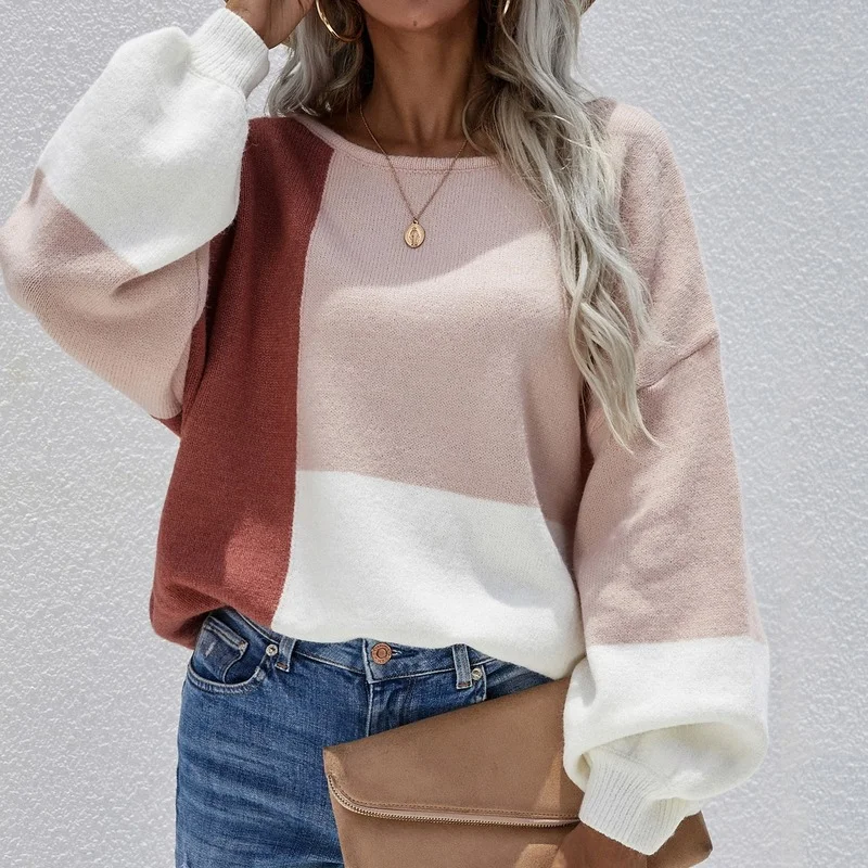 

Women Back Lace Up Solid Color Long Sleeve Knitted Stitching Sweater 2021 Autumn Winter Temperament Commuter Round Neck Pullover