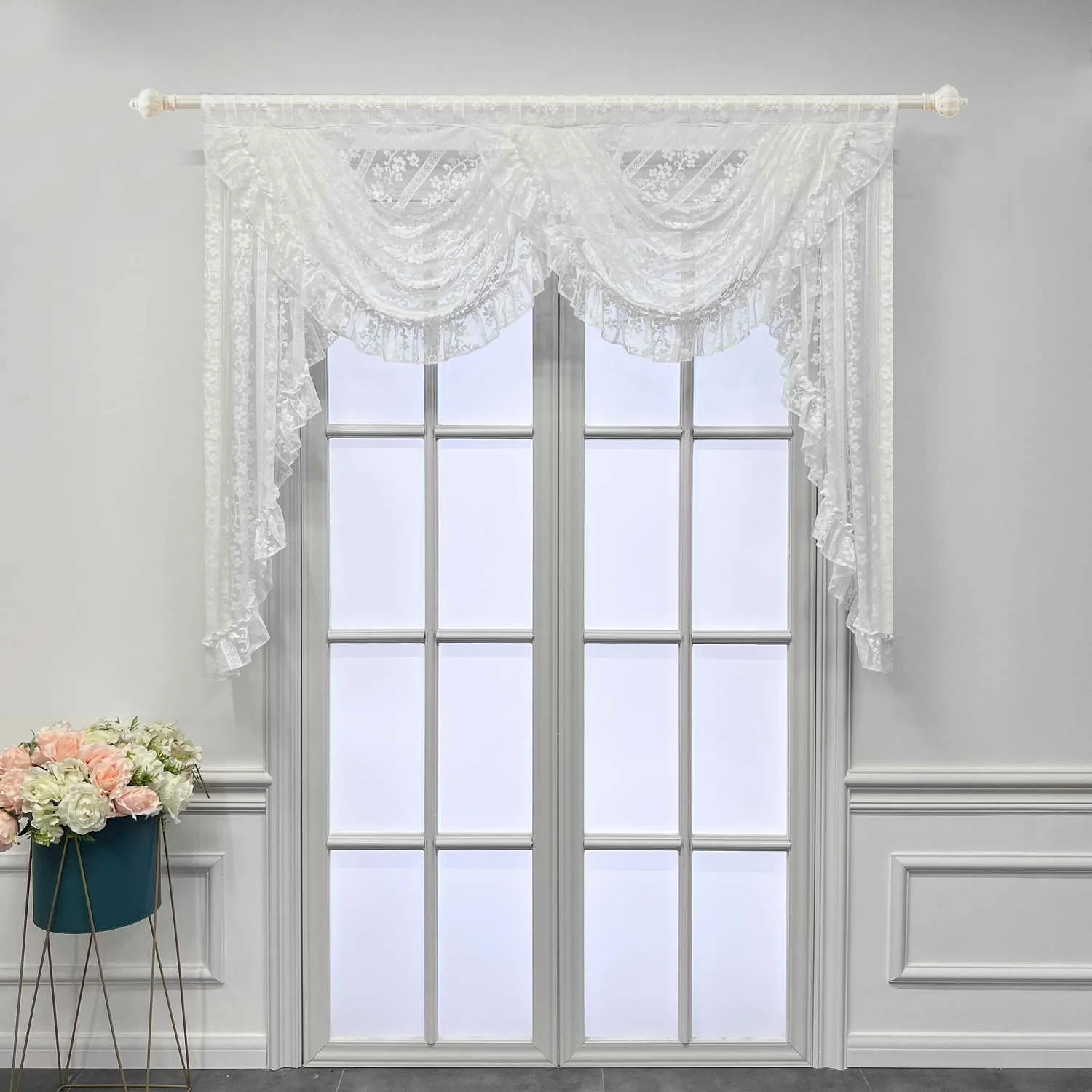 

White Floral Drape Curtain for Living Room Bedroom Pastoral Swags Waterfall Valance with Beaded Lace Fringe Trim Sheer Panel #E