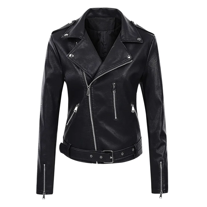 New Spring Autumn Coat Women Faux Leather Jacket Ladies Solid with Belt Zipper Biker Coat Female Casual Outwear Veste Femme
