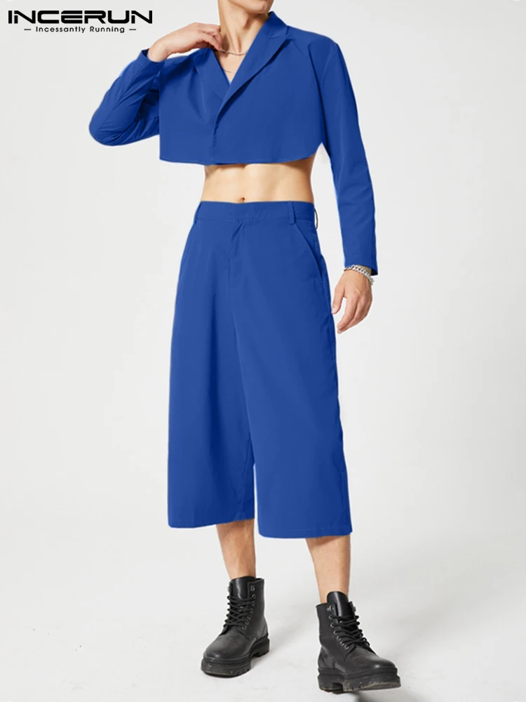 

Men Sets Solid Color 2022 Streetwear Lapel Long Sleeve Crop Blazer & Pants 2PCS Personality Fashion Men Casual Suits INCERUN 5XL