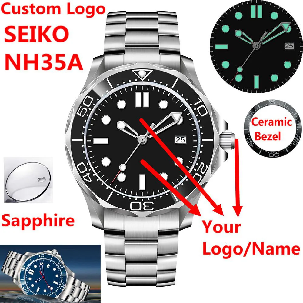 Часы NH35 с логотипом на заказ мужские часы стерильным циферблатом сапфировым