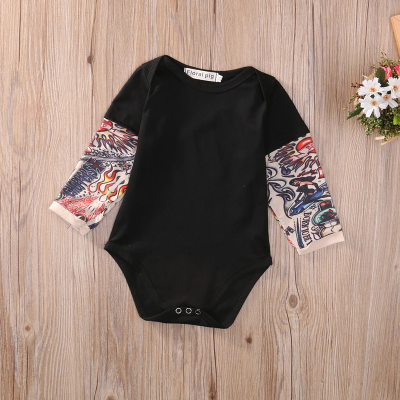 

Summer Newborn Baby Boy Bodysuit Clothes Tattoos Print Long Sleeve Bodysuit Jumpsuit Outfits Black Gray Playsuit Kids Clothing