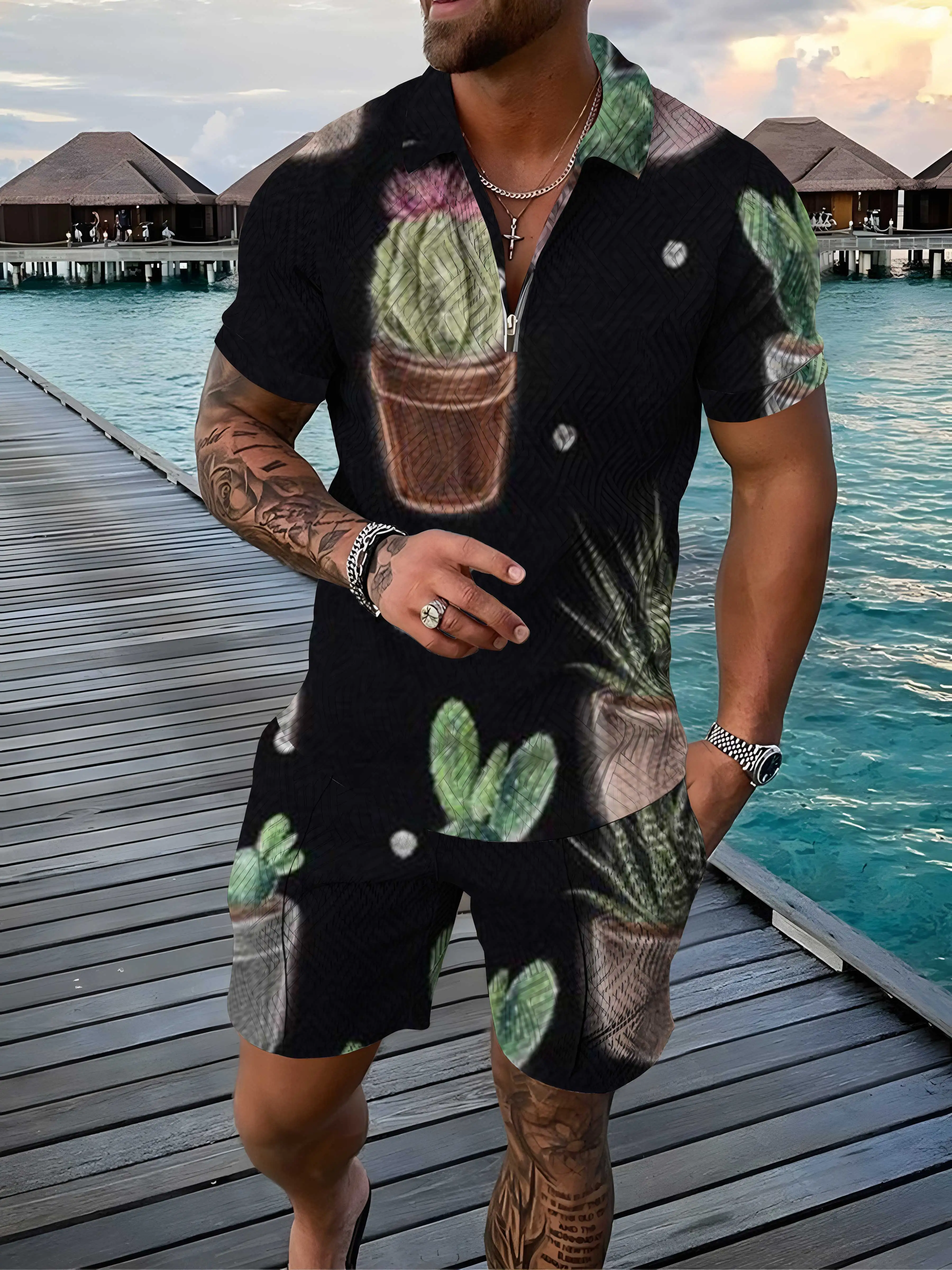

Men's Fashion Activewear Fruit 3D Printed Short Sleeve Zip Up Polo Shirts and Shorts Men's Casual Streetwear 2 Piece Set