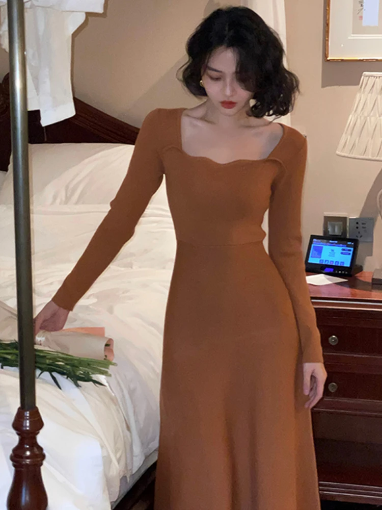 

Autumn Winter A-Line Retro Elegant Women Knitted Dress Vintage Slim Female Evening Long Party Sweater Vestidos Fashion Robe