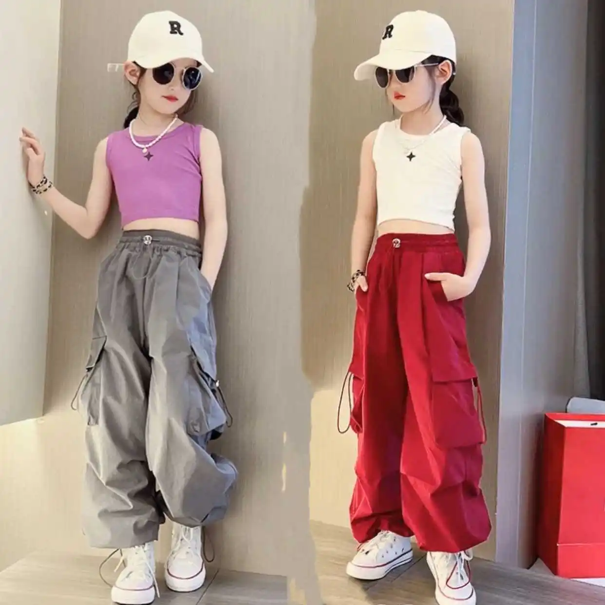 

Cool Girls' Cargo Pants Wide-Leg Floor Mopping Mutiple Pockets 2023 Spring Summer Drawstring Elastic Waist 5-13 Years Old