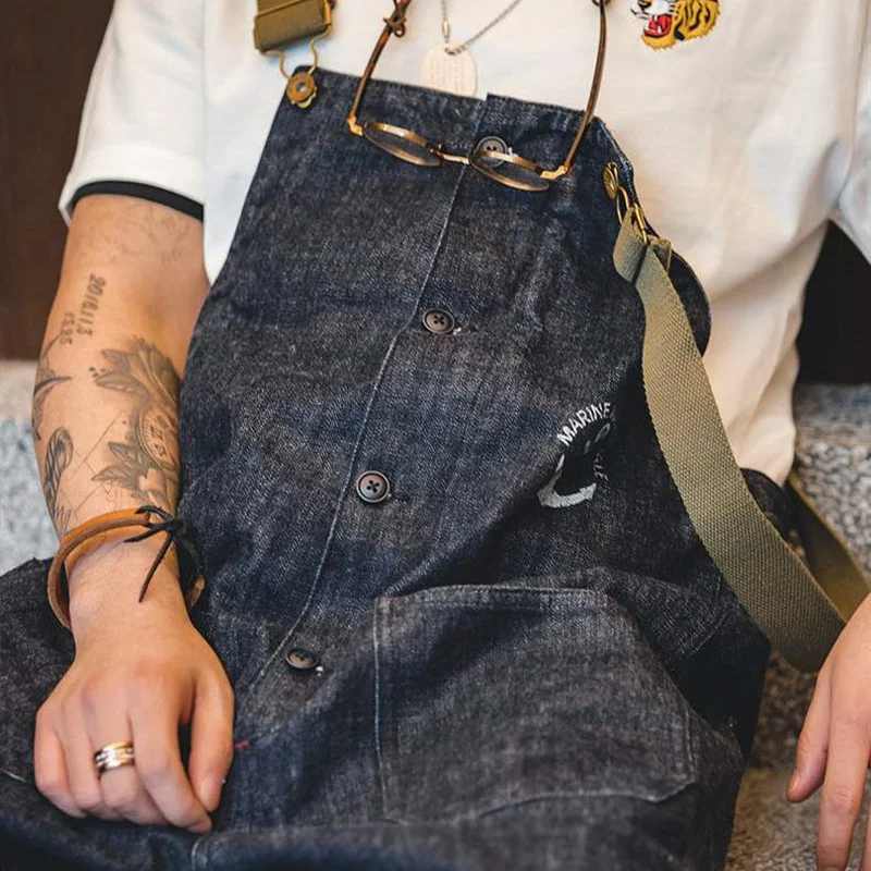 Retro Cargo Overalls Navy Deck Denim Bib Overalls Washed Denim Straight Jeans Japanese Men's Pocket Jumpsuit Trendy Street Wear