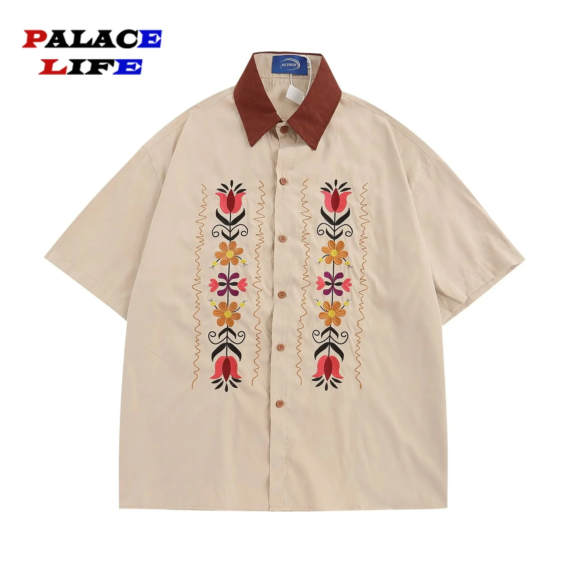 

Рубашка мужская с цветочной вышивкой, небольшая Повседневная однобортная свободная сорочка в стиле ретро, с короткими рукавами, с лацканами, в стиле пэчворк