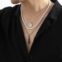 fashion layered pearl necklace man rectangle pendant cuban chain necklace for men jewelry gift collar hombre dropshipping