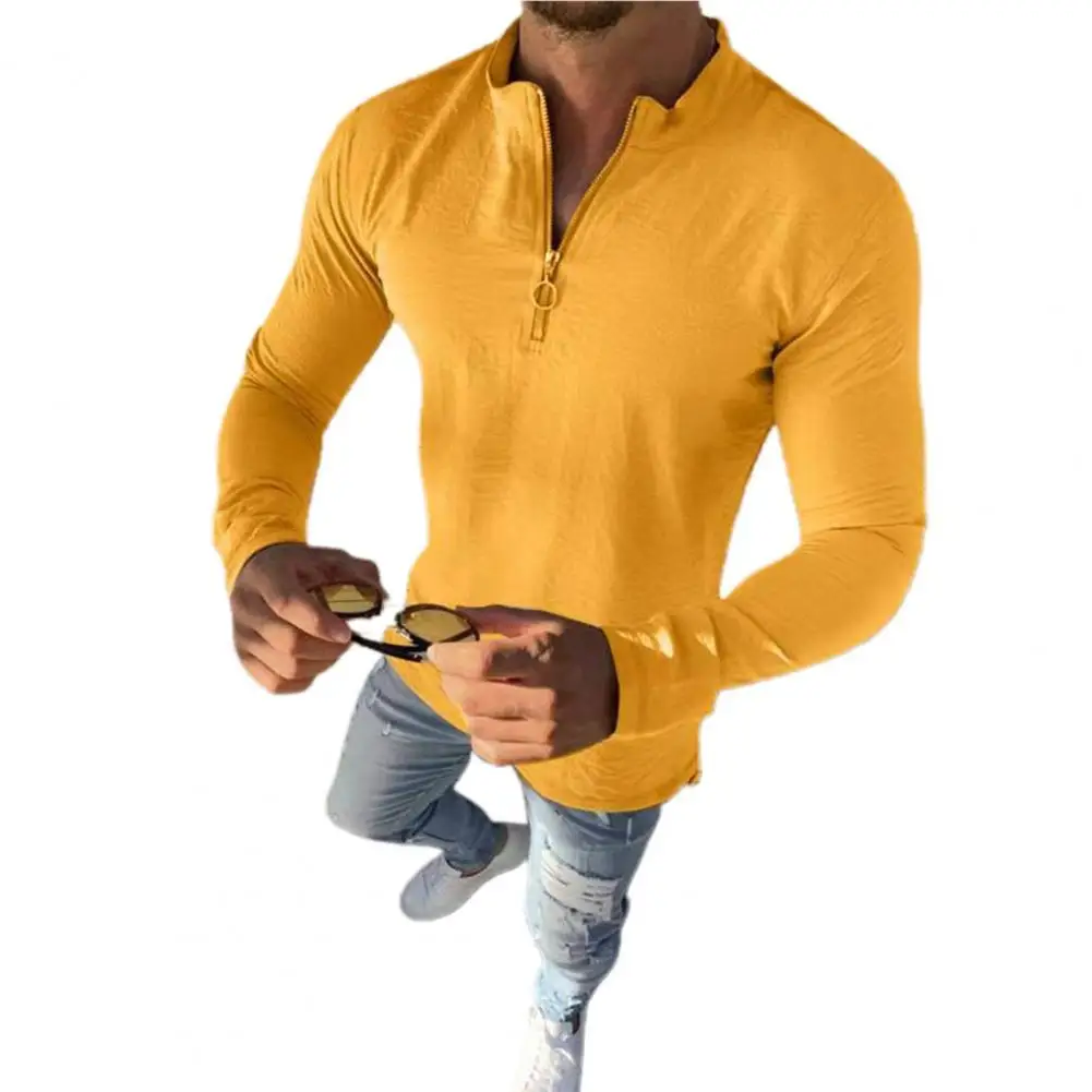

Chic Men T-shirt Simple Stand Collar Men Shirt Anti-shrink Spring Shirt