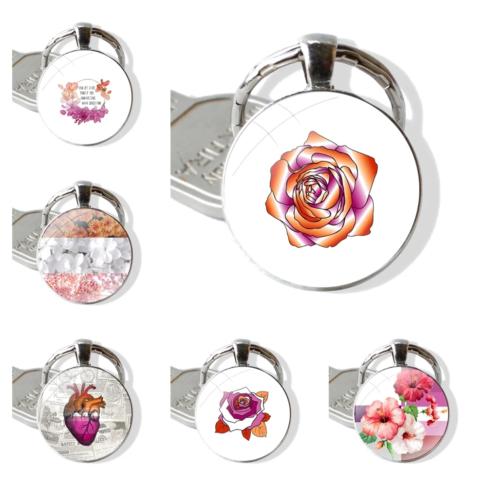 Веселый лесбийский флаг цветок брелок ручной работы стеклянный с кабошоном