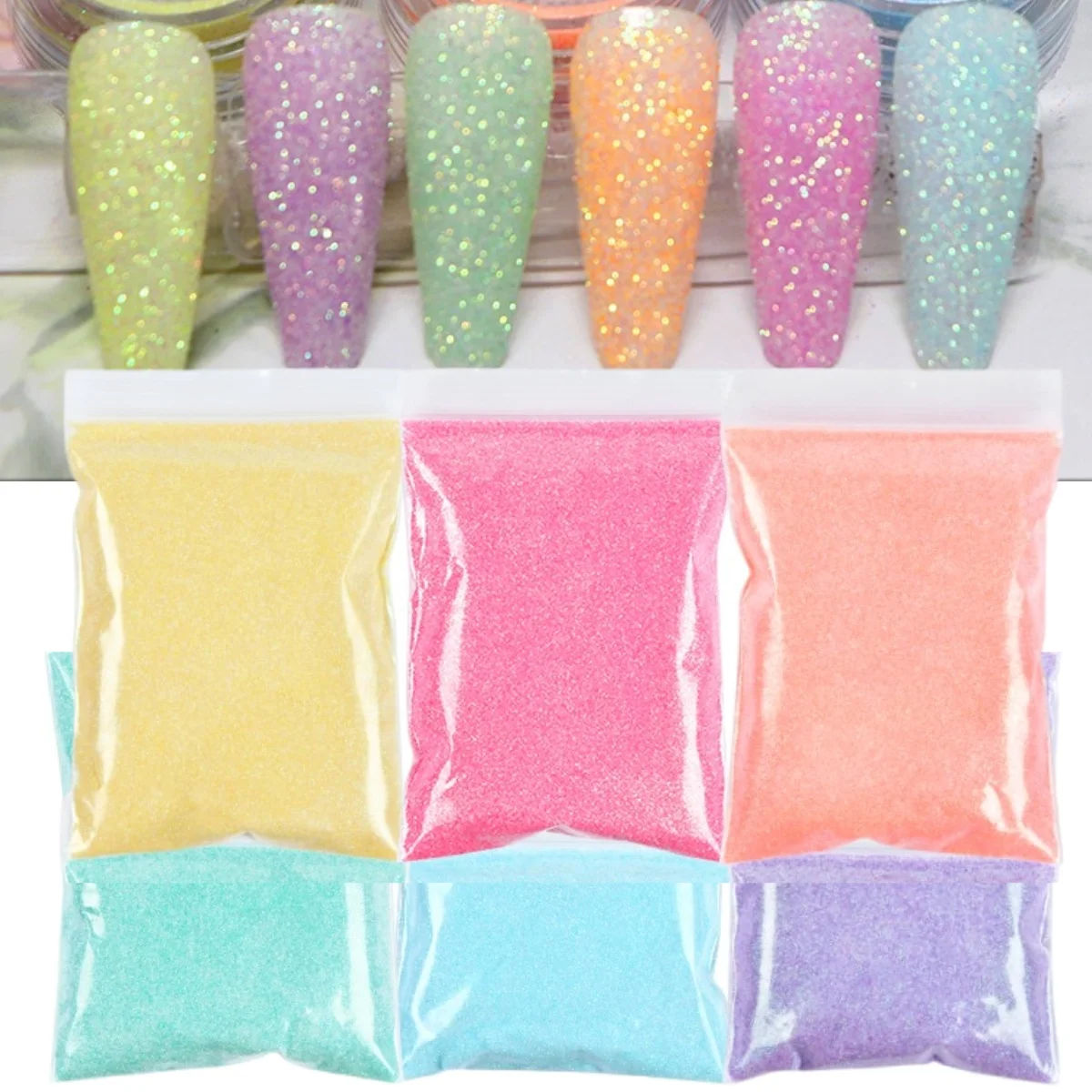 

6 пакетов, 50 г, цветной сахарный порошок, блеск для ногтей, конфетная пудра, насыпью, мелкий Звездный пигмент для украшения ногтей, аксессуары для дизайна ногтей
