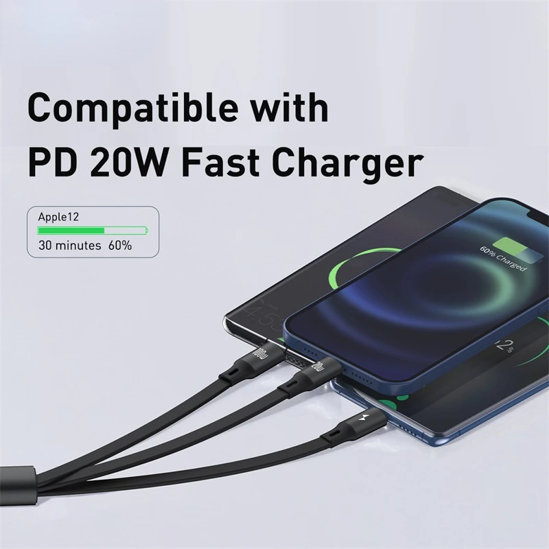 

Car Accessories 100W USB C Quick Charge For iPhone 12 Type C 3 in 1 PD Fast Charge For Macbook Pro Data Cable 1.2m Retractable