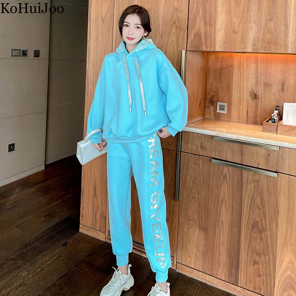 Pants and Hoodies Set for Women Rhinestone Beading High Street Two Piece Tracksuit Sets Sporting Casual Sweatshirt Pants Suits