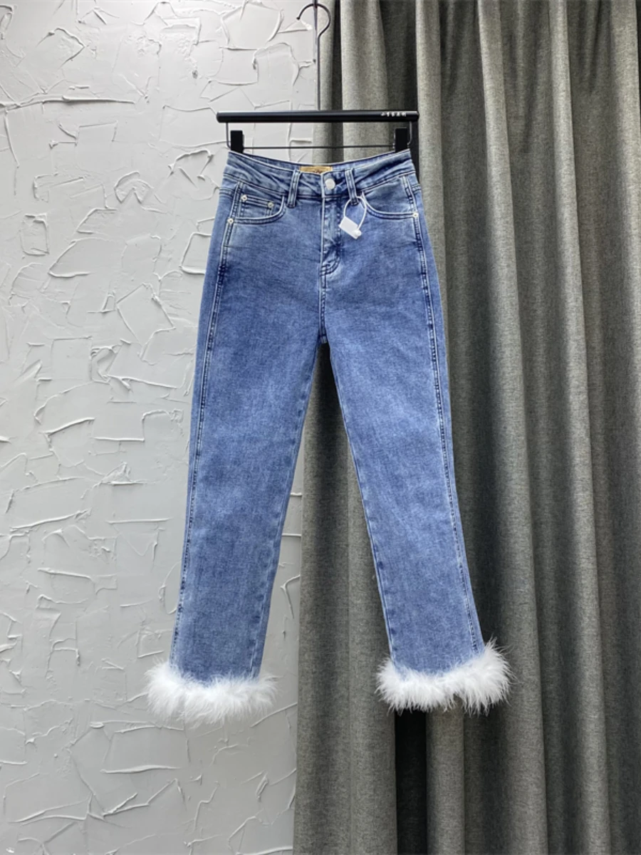 

Fashion High Waist Slim Blue Cigarette Pants Women's Autumn Winter Clothing Thickened Fleece-Lined Elegant Raw Edge Denim Pants