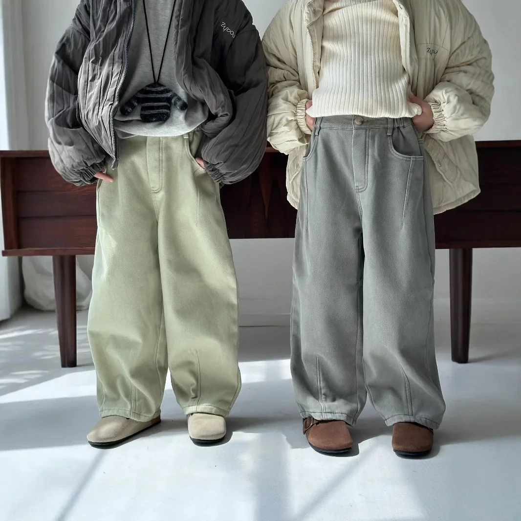 Детские брюки с бархатом новинка 2024 осень-зима мешковатые простой стиль