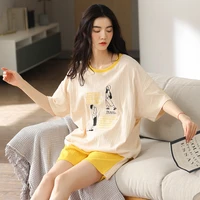 pajamas womens spring and summer new cotton short sleeved shorts cartoon girls students loose home clothes can be go out