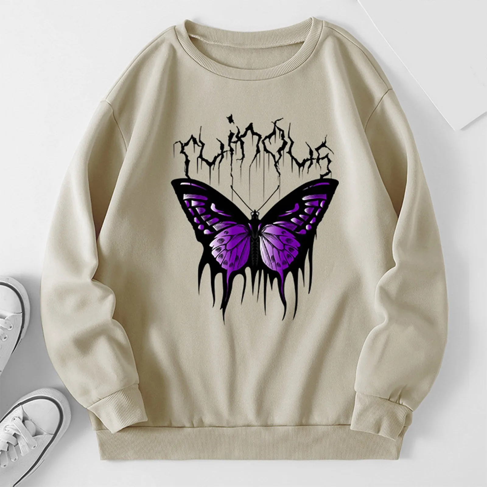 

Womens Autumn Winter Round Neck Butterfly Print Fleece Loose Fit Sweater Suits Women