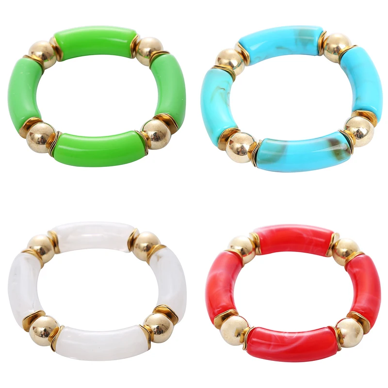 

Женские разноцветные бамбуковые браслеты, летние пляжные браслеты золотого цвета с бусинами, эластичные акриловые браслеты для вечеринок