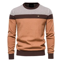 spring autumn new striped stitching 95 cotton mens long sleeved sweater fashion casual round neck mens knitted sweater top