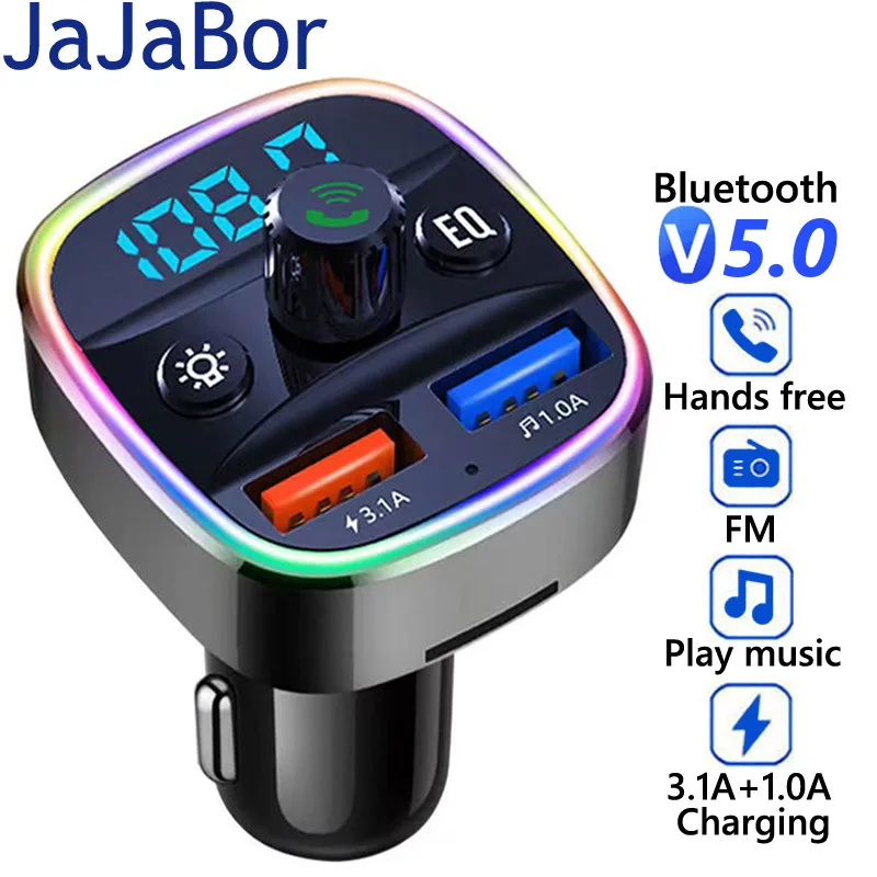 

JaJaBor FM Transmitter TF Card U Disk Playback 3.1A Fast Charging Dual USB Charger Bluetooth 5.0 Handsfree Car Kit MP3 Player