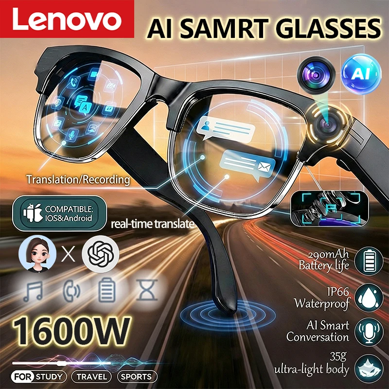 Фото Умные очки Lenovo 8K HD AI с функцией перевода, звонков без помощи рук, AI-чата, записи, воспроизведения музыки, умные солнцезащитные очки для мужчин, новинка 2026 года №2