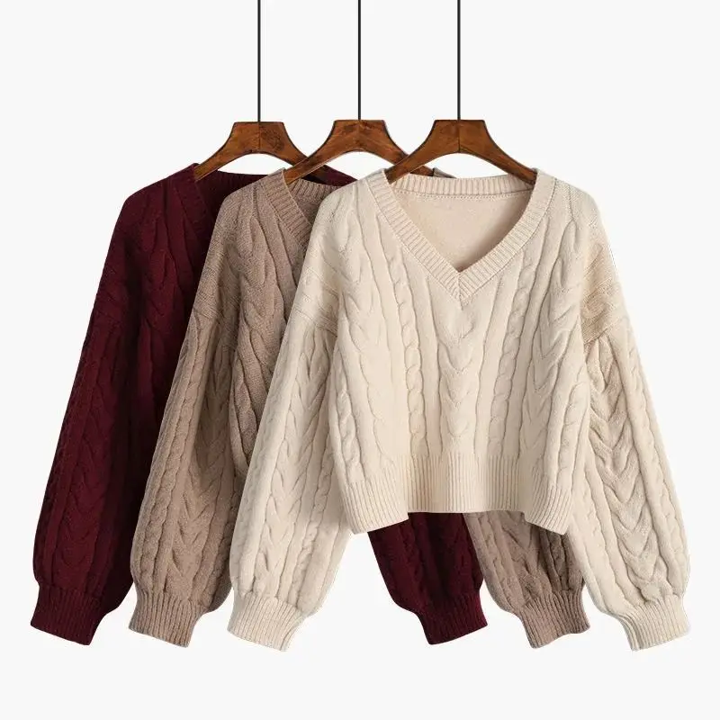 

Pullovers Women Lovely Fashion Popular Clothes Twist Vintage Sweaters V-Neck Solid All-match Fall Daily College Cropped Knitwear
