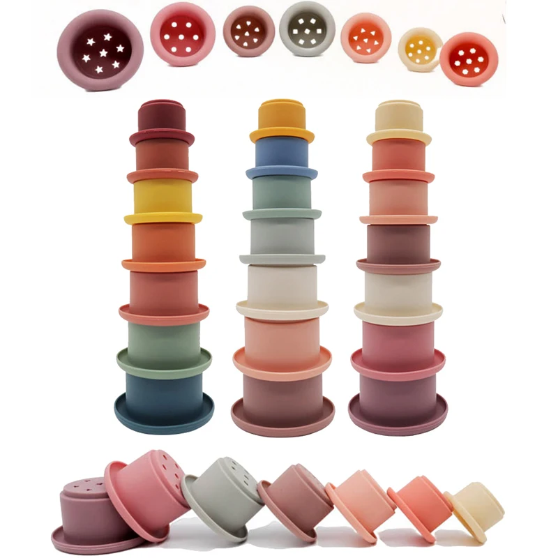 

Baby Silicone Stacking Cups Bottom with Pattern Hourglass Toys Montessori Educational Plastic Stack Tower Kids Training Toy Gift