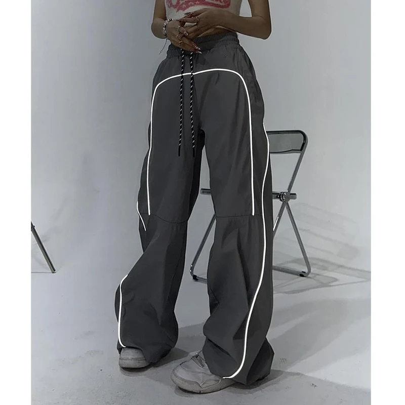 

Deeptown Striped Reflective Parachute Pants Women Harajuku Oversized Cargo Trouser Hippie Streetwear Casual Joggers Gothic Kpop