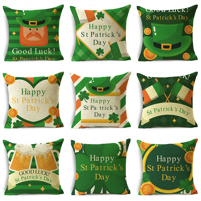 

OMIO Green Hat Festival Pillow Case Four-Leaf Clover Coin Pattern Home Decor Cushion Cover 40/45/50cm Add Festive Atmosphere