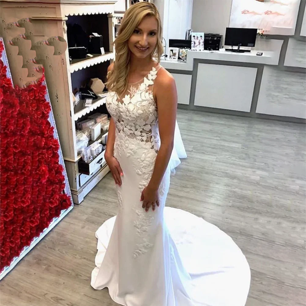 

UETEEY Mermaid Wedding Dress O-Neck Lace Top Satin Bride Gown Buttons Back Sleeveless Sweep Train Vestido De Novia 2022