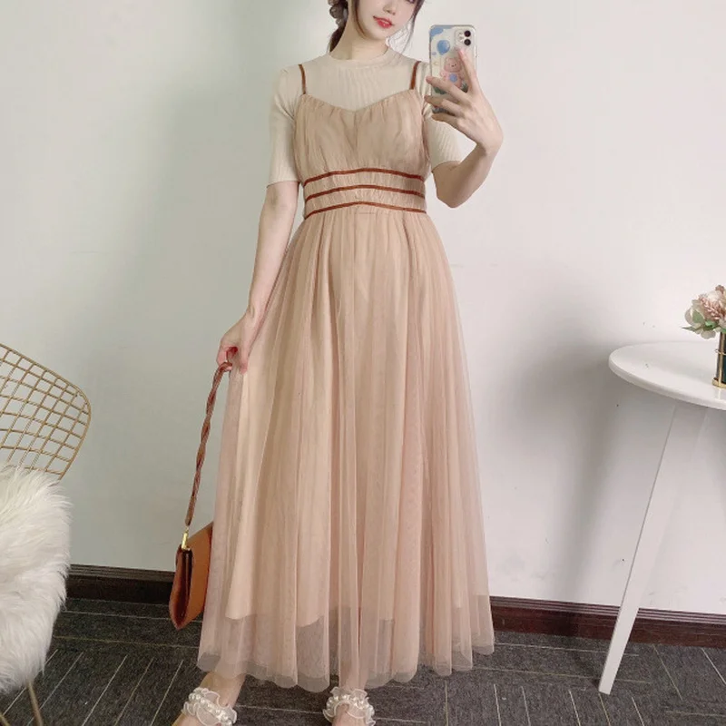 

Женский элегантный комплект из 2 предметов, комплект из милой сетчатой ткани с тонкой талией, шикарное платье на шнуровке и простые тонкие в...