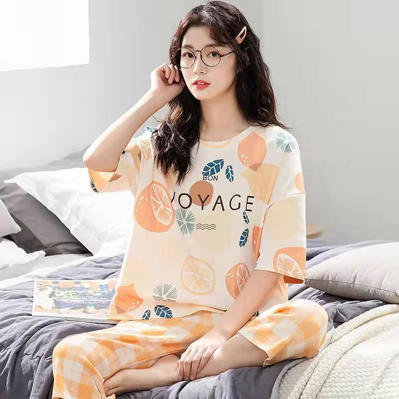 Pajamas women's summer short-sleeved cropped pants thin section cartoon girls plus home service suit spring and autumn