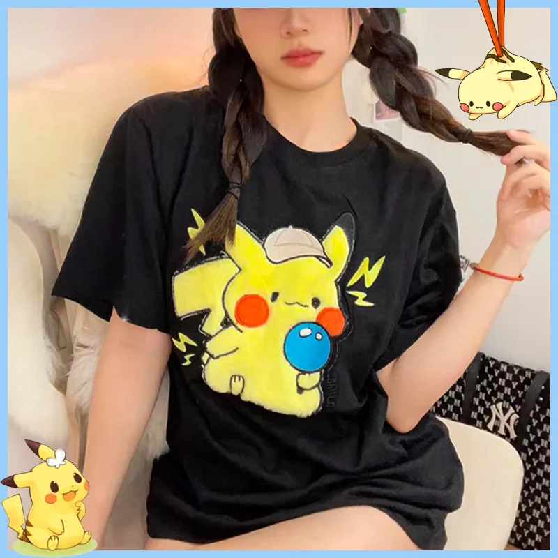 

Pokemon Pikachu Snorlax Kawaii Plush Embroidered Short Sleeve T-shirt Cute Cartoon Men and Women Summer Loose Couple Tops