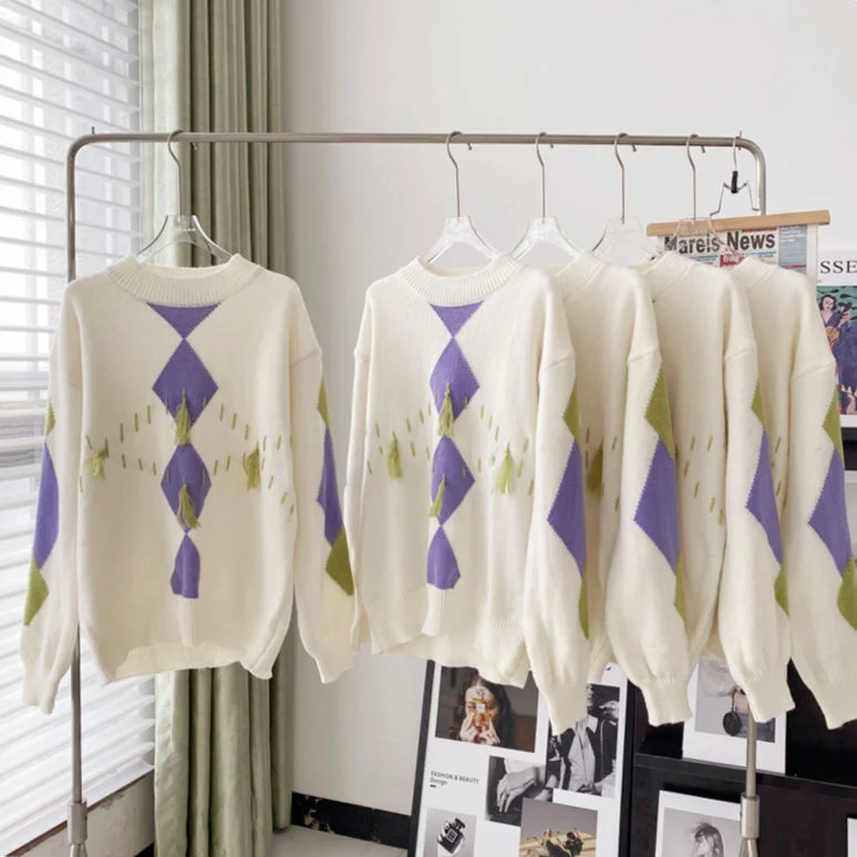 

Фиолетовый свободный свитер с геометрическим рисунком ручной работы, пуловер с длинным рукавом