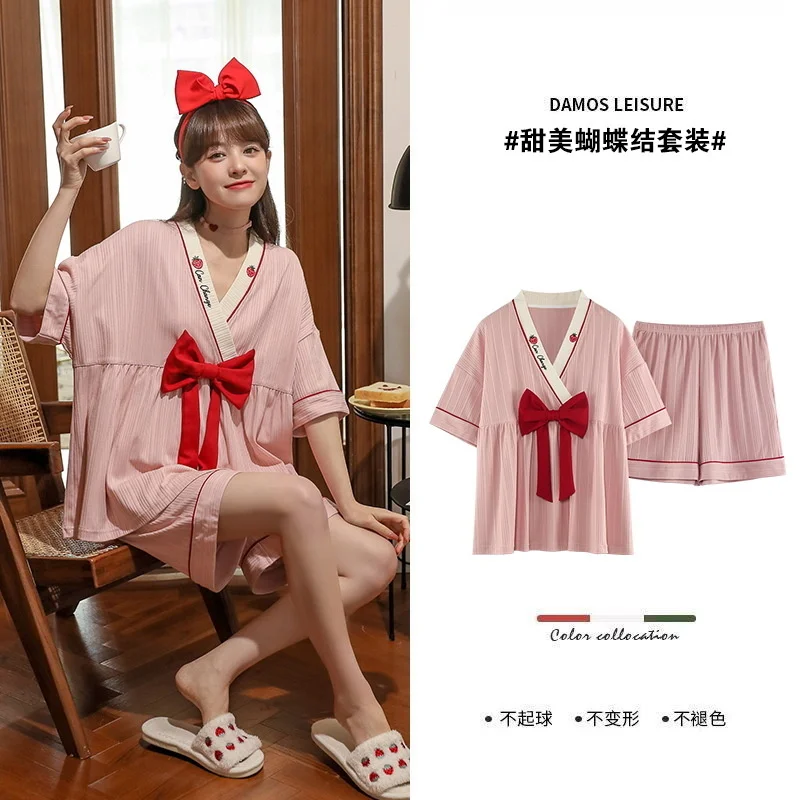 2022 New Style Pajamas Women's Kimono Short Sleeved Shorts Summer Pure Cotton Simple Sweet Lovely Home Clothes