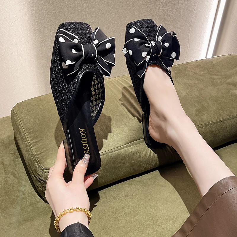 Сандалии женские сетчатые плоская подошва квадратный носок бант на голове