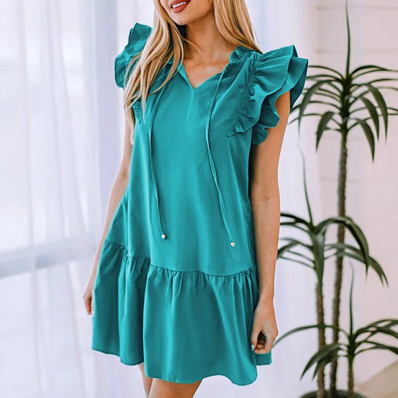 Shi Ying Solid Color Dress V-Neck Ruffle Sleeve Pleated Layered Princess Dress