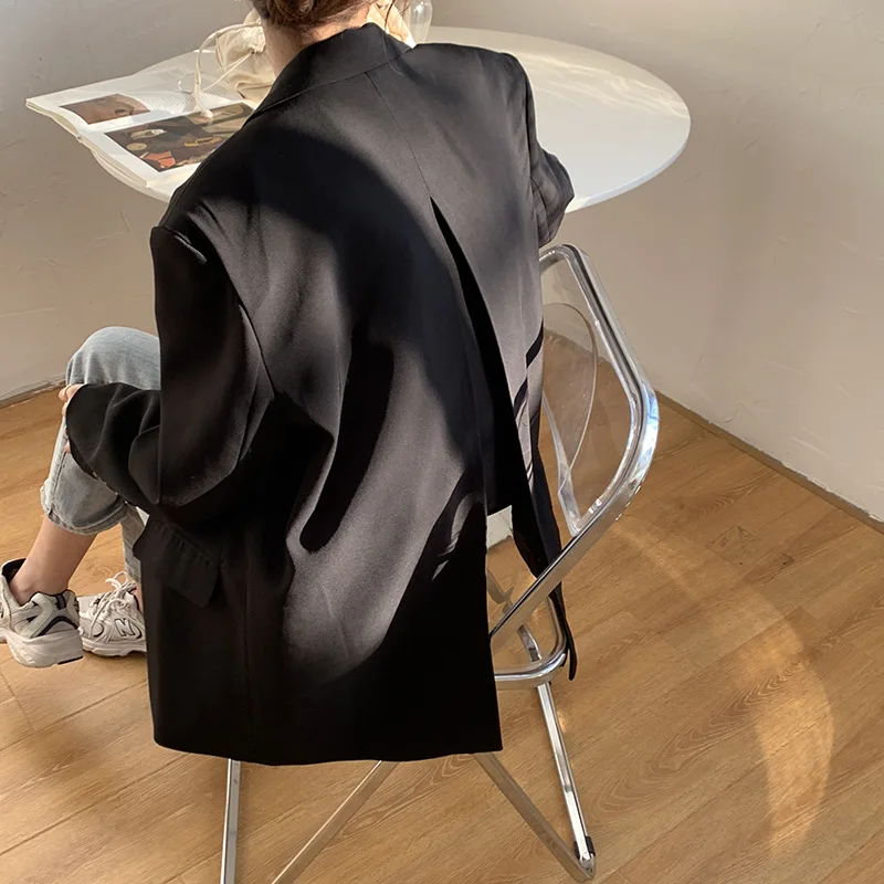 Chic Back Split Blazers Solid Colors Shoulder Pad Loose Suits Women Single Breasted Long Sleeve Blazer Office Lady Jacket Spring