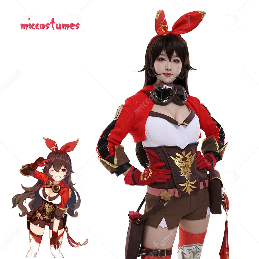 Amber Cosplay Knights Golden Print Suede Spliced Jumper-Like Outfit Cosplay Costume Woman Full Set with Waist Bags and Hair Band
