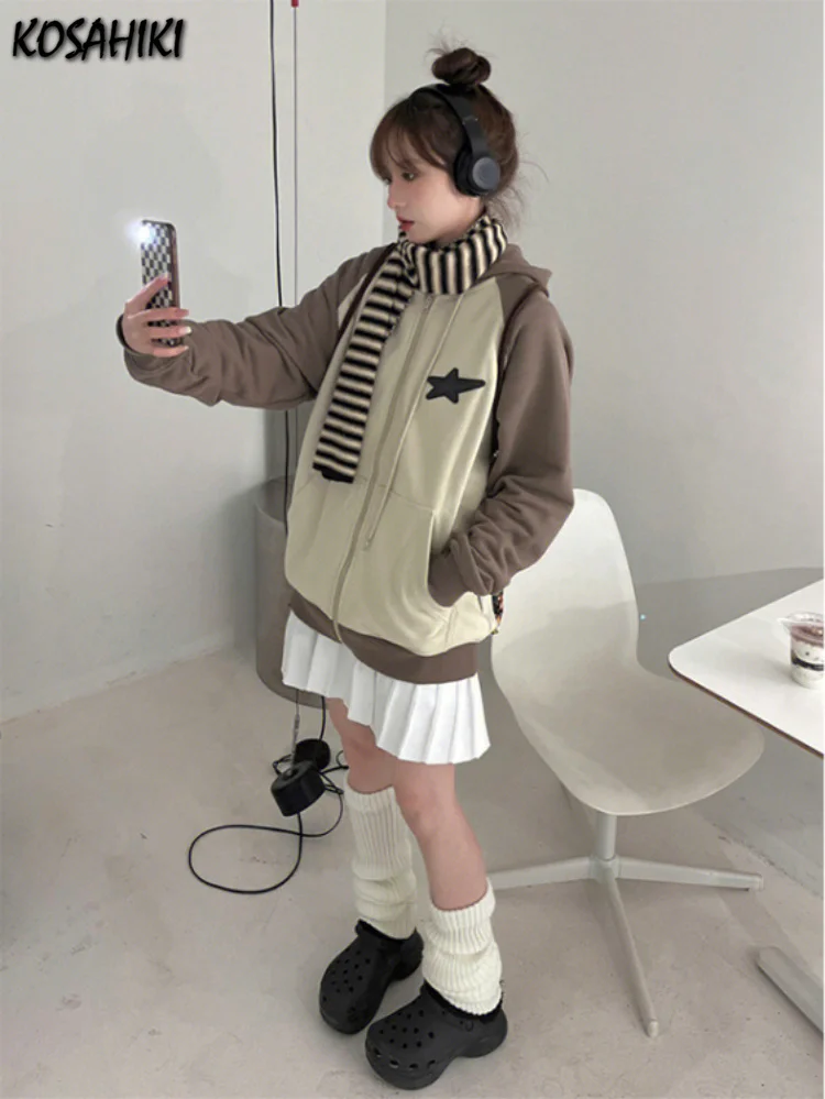 

Y2k в эстетике Harajuku Hoddies Лоскутные Свободные молнии Moletom Feminino оверсайз повседневные модные Универсальные женские Polerones