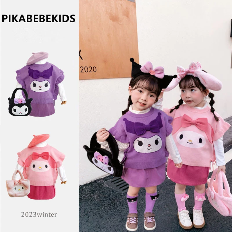 

Sanrio My Melody Kuromi Kids Knitted Vest Girls Sock Autumn Cute INS Fashion Bow Tie Fungus Lace Children Clothes Exquisite Gift