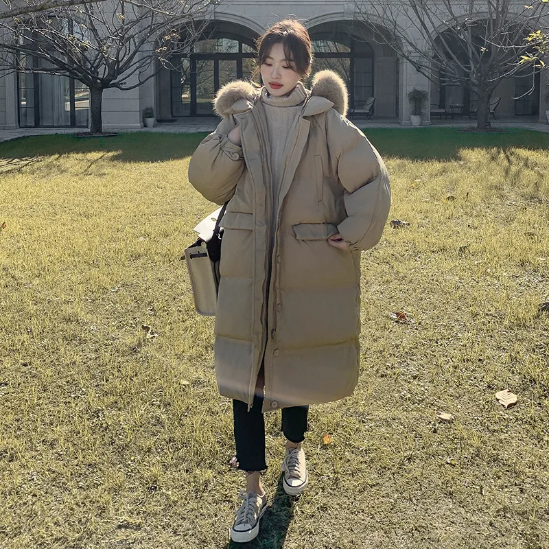 NEW LONG SOILD WHITE DUCK DOWN COAT Over The Knee Loose Casual Slimming And Thickening